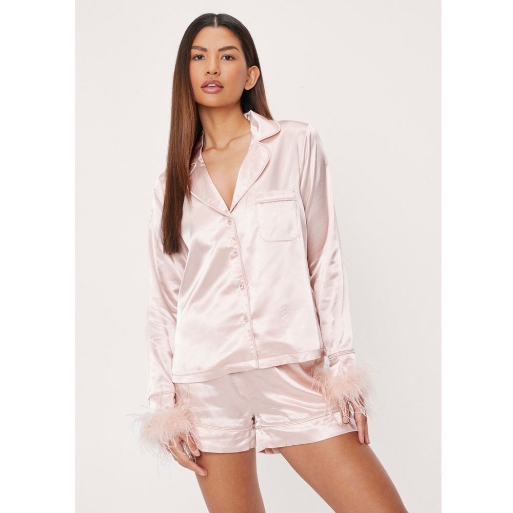 Nasty Gal NWT Satin Feather Pajama Shirt And Shorts Set
